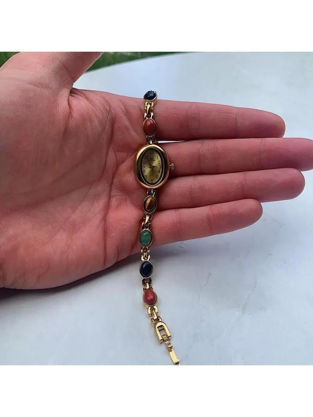 Indie Boho Gold style tone quartz watch with glass multicolored jade stone opal